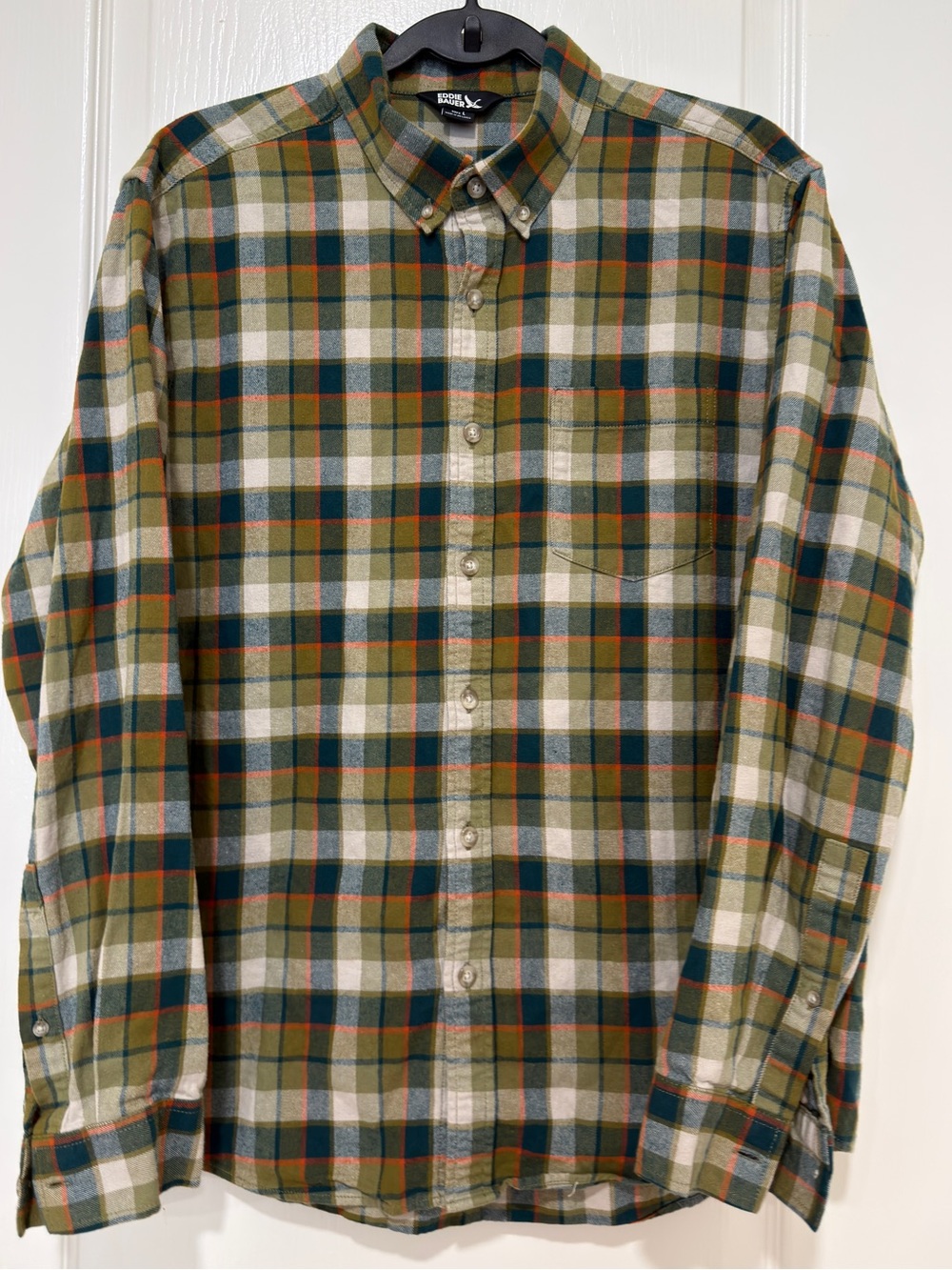 Eddie Bauer Men’s Green Orange Plaid Long Sleeve Button Down Shirt 100% Cotton